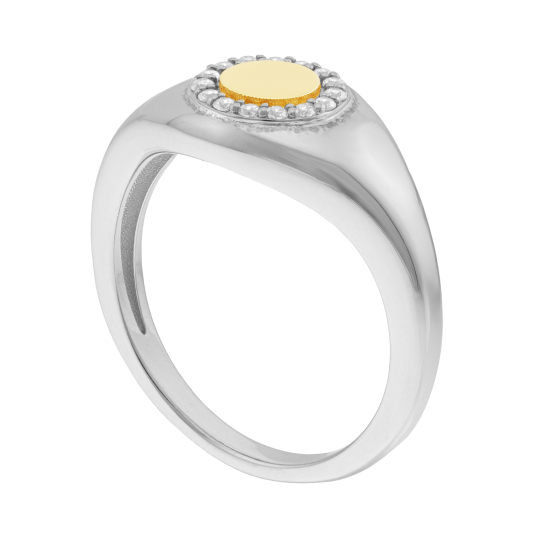 Bague en or jaune et argent rhodié, oxydes de zirconium, rond