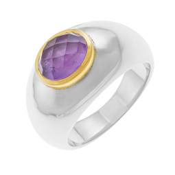 Bague en or jaune et argent rhodié, améthyste ovale