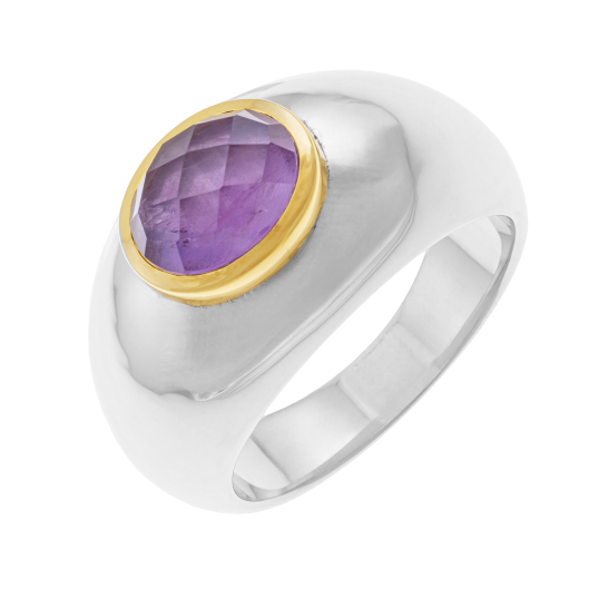 Bague en or jaune et argent rhodié, améthyste ovale