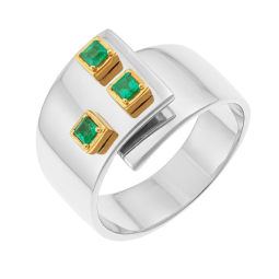 Bague en or jaune et argent rhodié, emeraudes, cubique