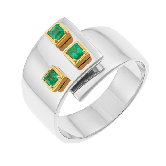 Bague en or jaune et argent rhodié, emeraudes, cubique