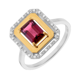 Bague en or jaune et argent rhodié, rhodolite octogonal et oxydes de zirconium