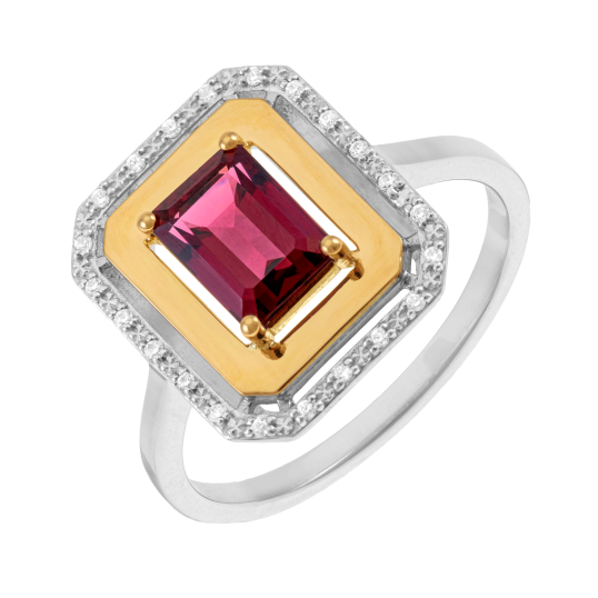 Bague en or jaune et argent rhodié, rhodolite octogonal et oxydes de zirconium