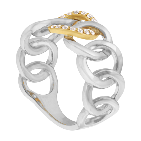 Bague en or jaune et argent rhodié, oxydes de zirconium, ronds