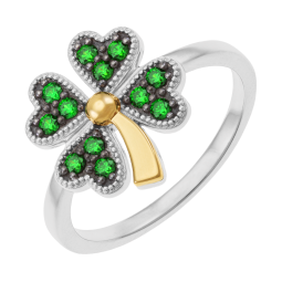 Bague en or jaune et argent rhodié, oxydes de zirconium vert, trèfle