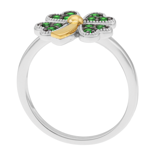 Bague en or jaune et argent rhodié, oxydes de zirconium vert, trèfle
