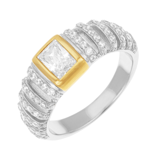 Bague en or jaune et argent rhodié, oxydes de zirconium