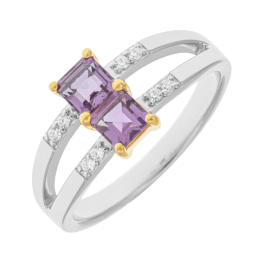 Bague en or jaune et argent rhodié, amethystes et oxydes de zirconium