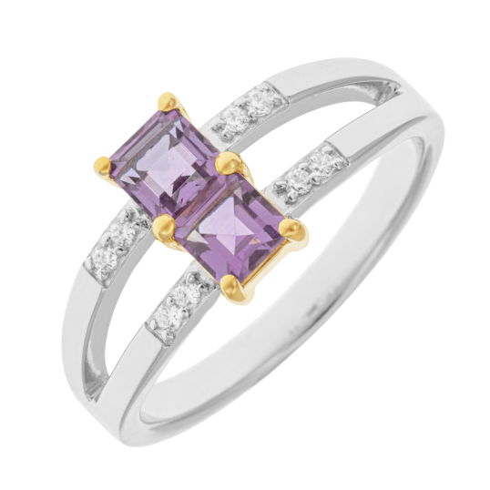Bague en or jaune et argent rhodié, amethystes et oxydes de zirconium
