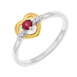 Bague en or jaune et argent rhodié, rhodolite et oxydes de zirconium, coeur