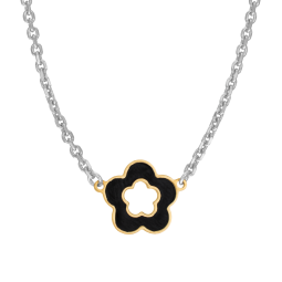Collier en or jaune et argent rhodié, laque noire, fleur 