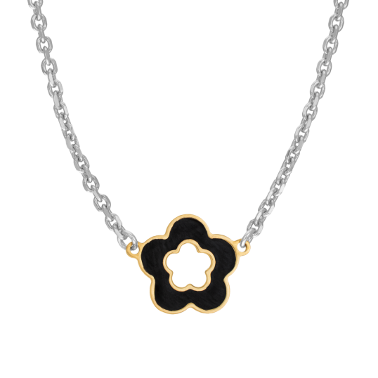 Collier en or jaune et argent rhodié, laque noire, fleur 
