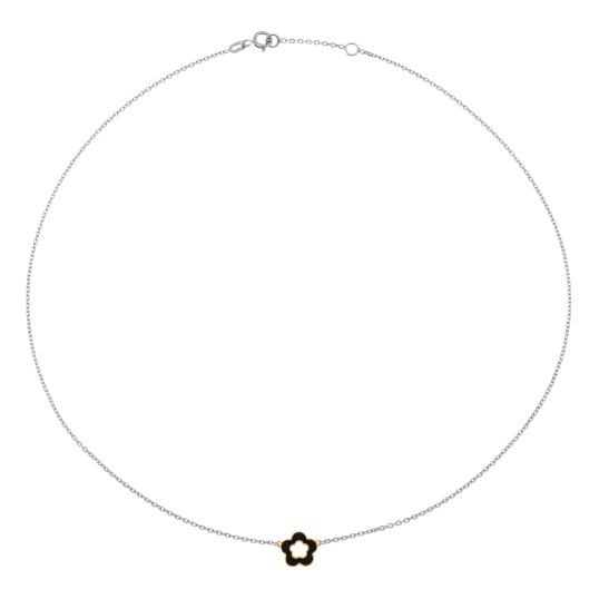 Collier en or jaune et argent rhodié, laque noire, fleur 