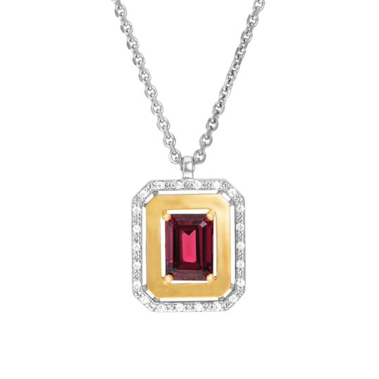 Collier en or jaune et argent rhodié, rhodolite octogonale et oxydes de zirconium