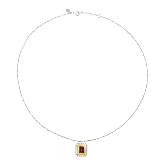 Collier en or jaune et argent rhodié, rhodolite octogonale et oxydes de zirconium