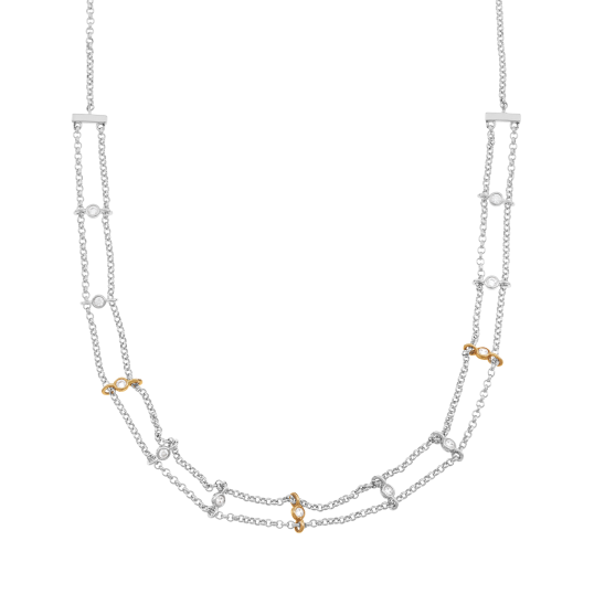 Collier en or jaune et argent rhodié, oxydes de zirconium, double chaîne