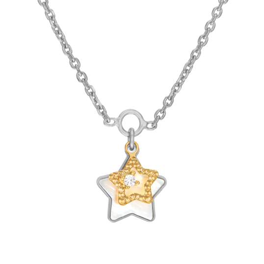 Collier en or jaune et argent rhodié, oxyde de zirconium, nacre, étoiles