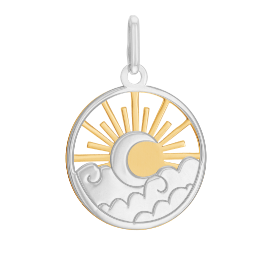 Pendentif en or jaune et argent rhodié, lune et soleil