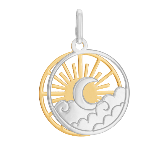 Pendentif en or jaune et argent rhodié, lune et soleil