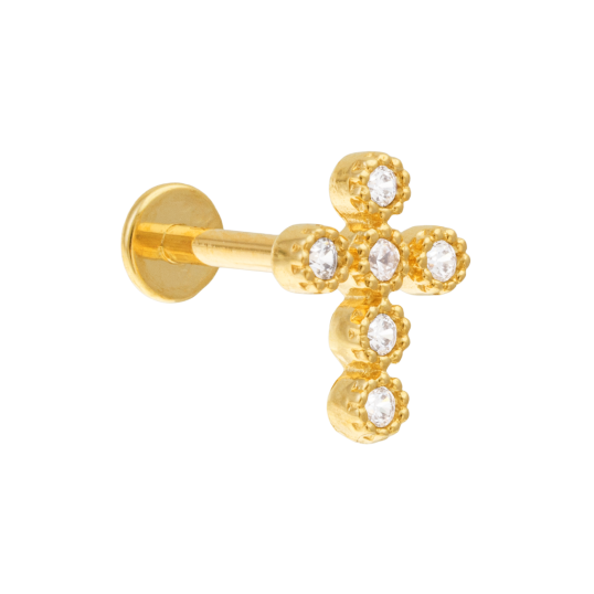 Piercing en or jaune et oxydes de zirconium, croix