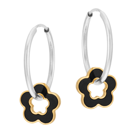 Créoles en or jaune et argent rhodié, laque noire, fleur