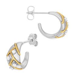 Boucles d'oreilles en or jaune et argent rhodié, oxydes de zirconium, tréssées