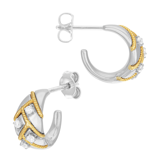 Boucles d'oreilles en or jaune et argent rhodié, oxydes de zirconium, tréssées