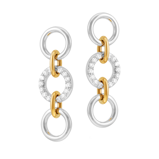 Boucles d'oreilles en orjaune et argent rhodié, oxydes de zirconium, ronds