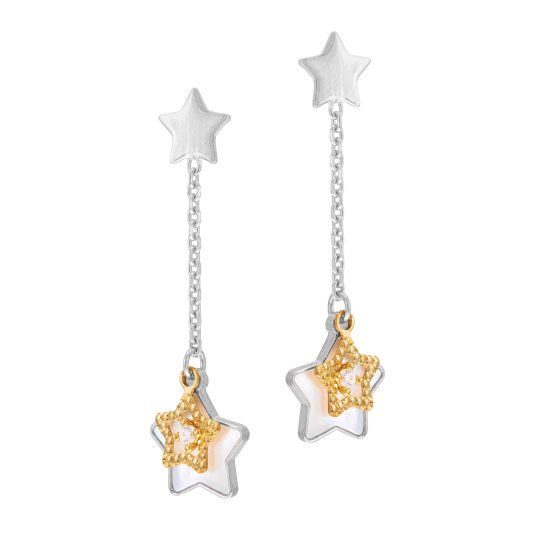 Boucles d'oreilles en or jaune et argent rhodié, nacre, etoiles