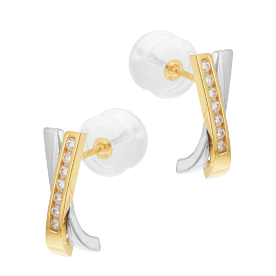 Boucles d'oreilles en or jaune et argent rhodié, oxydes de zirconium, croisées