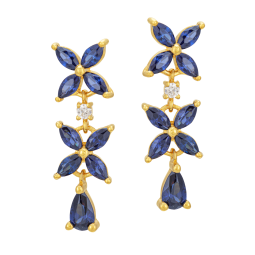 Boucles d'oreilles en plaqué or, doré à l'or fin, oxydes de zirconium bleu, fleurs
