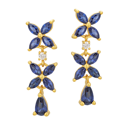 Boucles d'oreilles en plaqué or, doré à l'or fin, oxydes de zirconium bleu, fleurs