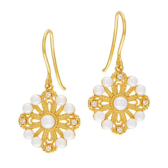 Boucles d'oreilles en plaqué or, doré à l'or fin, perles de culture et oxydes de zirconium