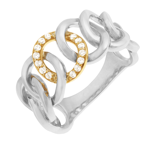 Bague en or jaune et argent rhodié, oxydes de zirconium, ronds