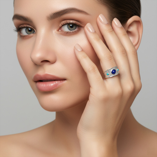 Bague en argent rhodié, lapis lazuli et résine